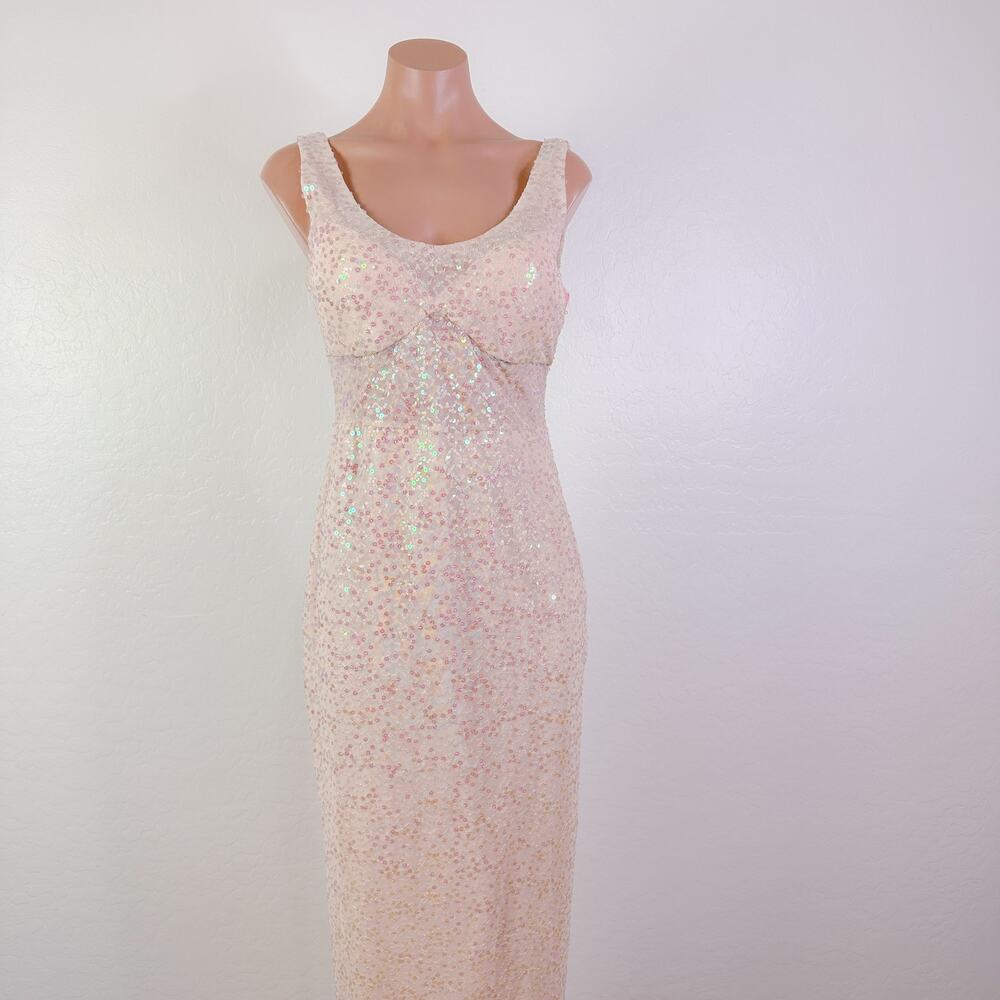 Nightway Sequin Scoop Neck Gown Maxi Dress Sheer Prom Gatsby Champagne Sz 8 NWT